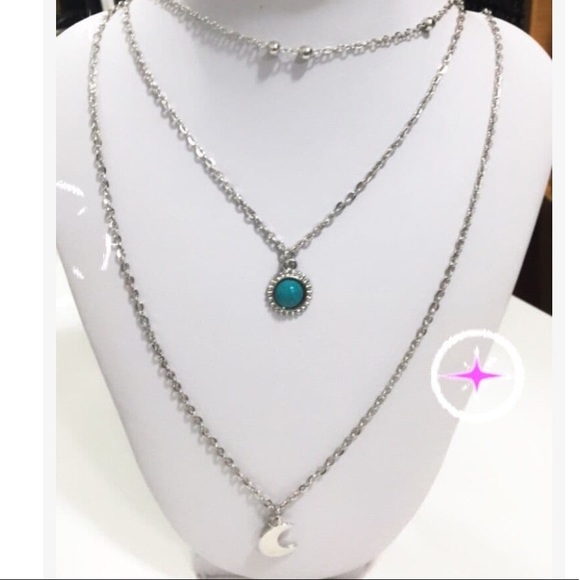 Boho Silver Moon Pendant Turquoise Layered Necklace - Picture 6 of 8